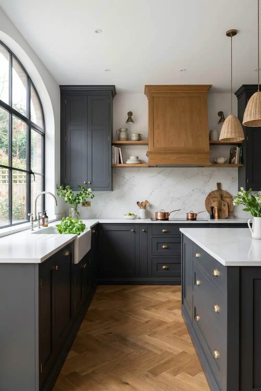 dark shaker kitchen cabinet ideas with wood range hood and white backsplash