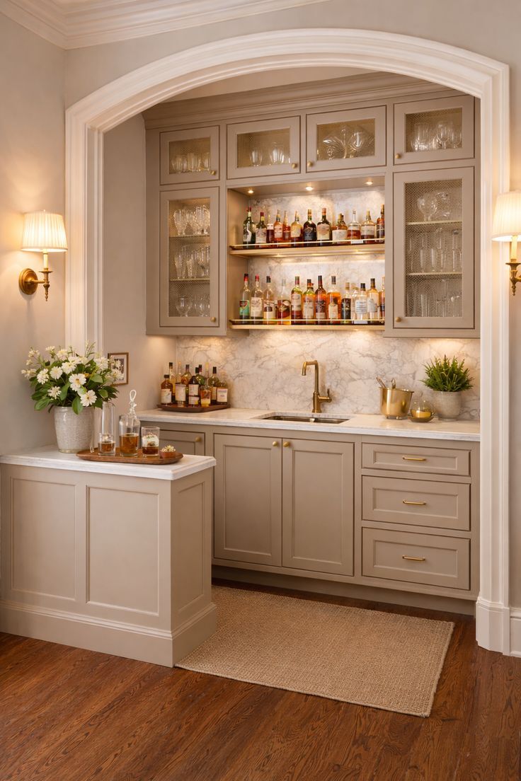 shaker kitchen cabinet ideas with arched built in bar cabinets and glass doors