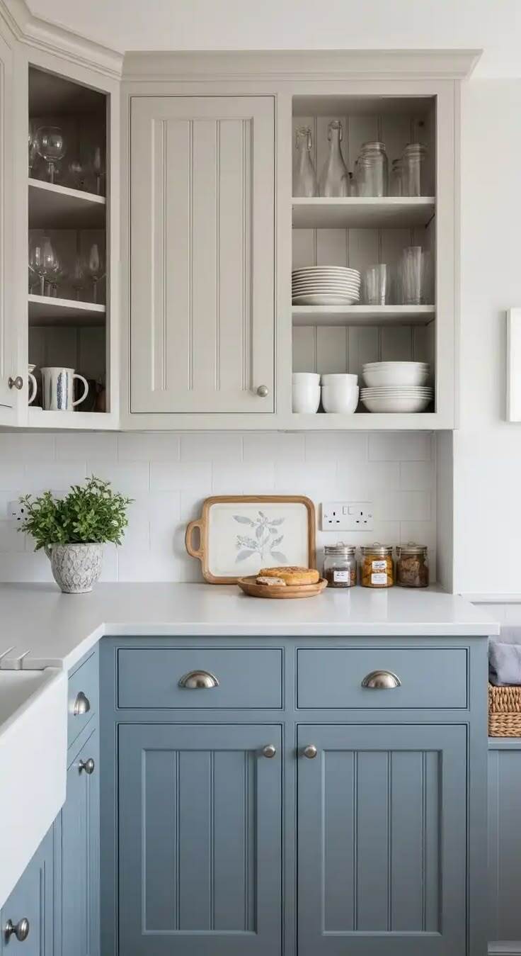 blue cottage shaker kitchen cabinet ideas with beaded cabinet doors and open shelving