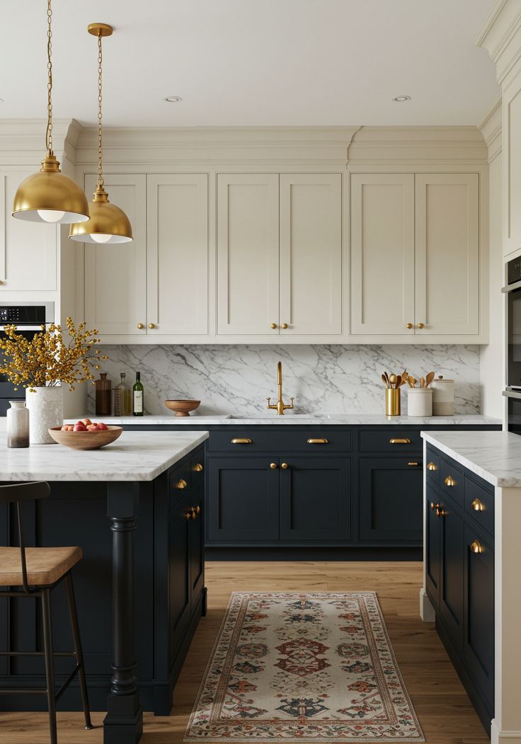navy blue lower shaker cabinets with cream upper cabinets and marble backsplash
