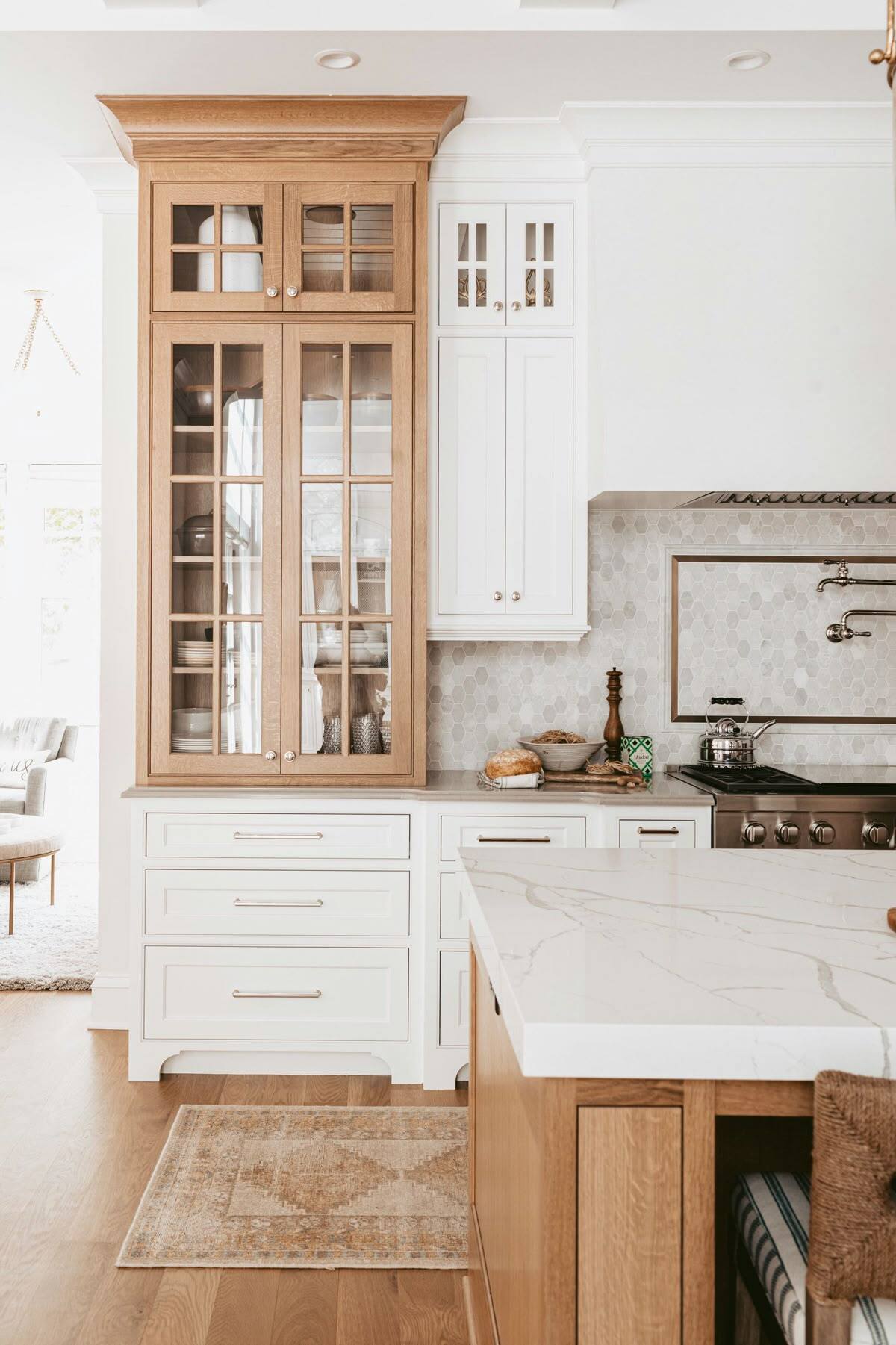 white shaker kitchen cabinet ideas with natural wood glass pantry cabinet and stone backsplash