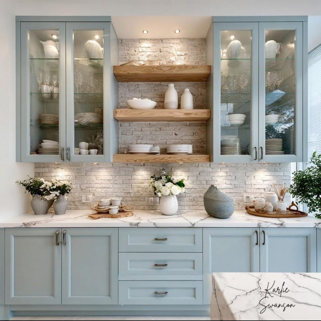 light blue shaker kitchen cabinet ideas with glass upper cabinets and open wood shelving