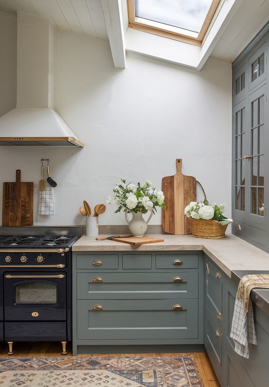 european shaker kitchen cabinet ideas with muted green cabinets and rustic details