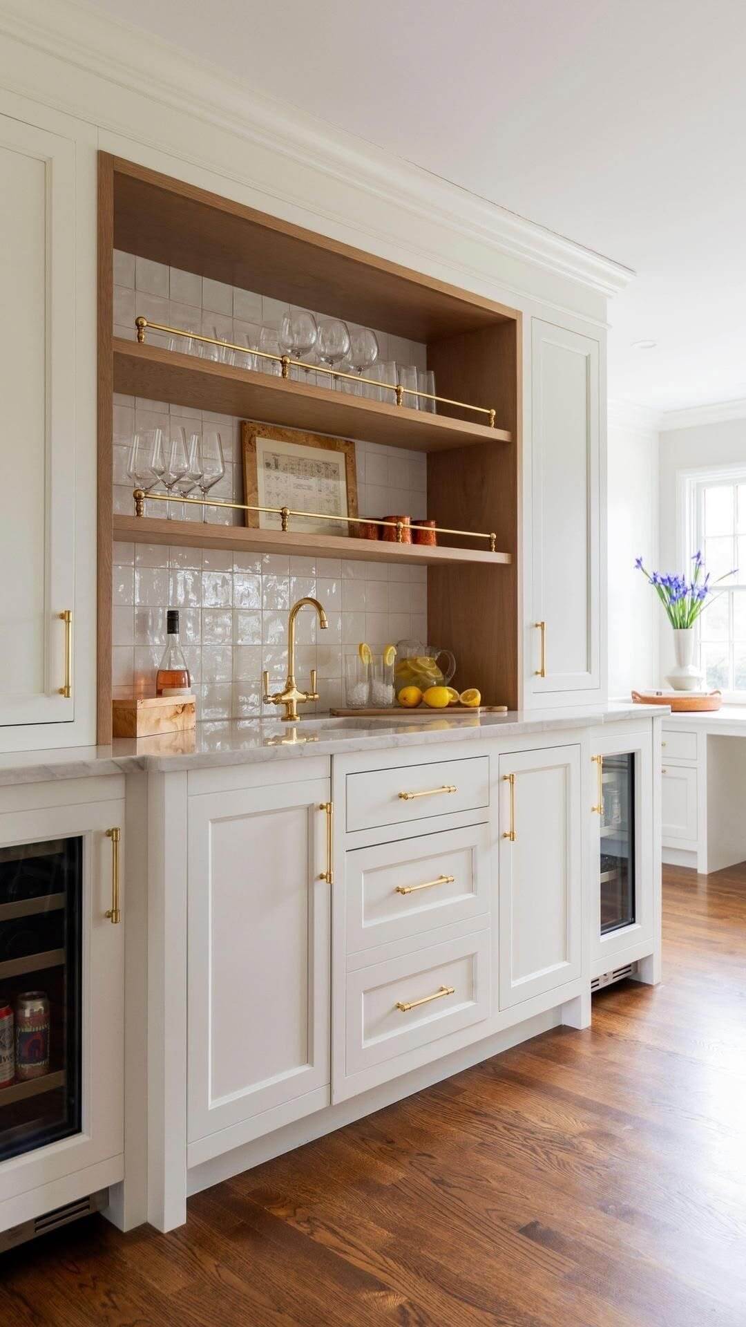 white shaker kitchen cabinet ideas in wet bar with wood shelving and brass hardware