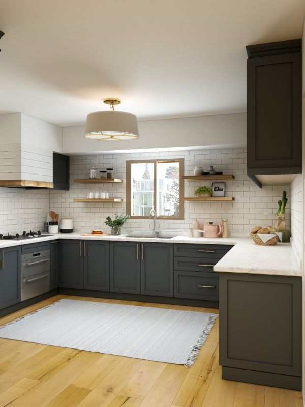 A large U-shaped kitchen with shaker cabinets.