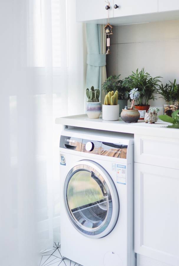 A washing machine with cabinet frame around it. The top is used as a shelf for plants.