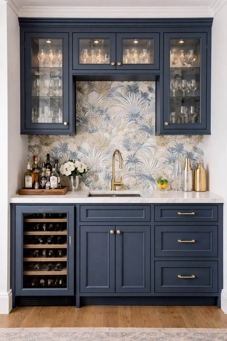 navy shaker kitchen cabinet ideas in wet bar with glass cabinets and wine storage