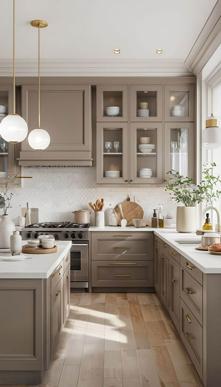 taupe shaker kitchen cabinet ideas with glass upper cabinets and warm neutral tones