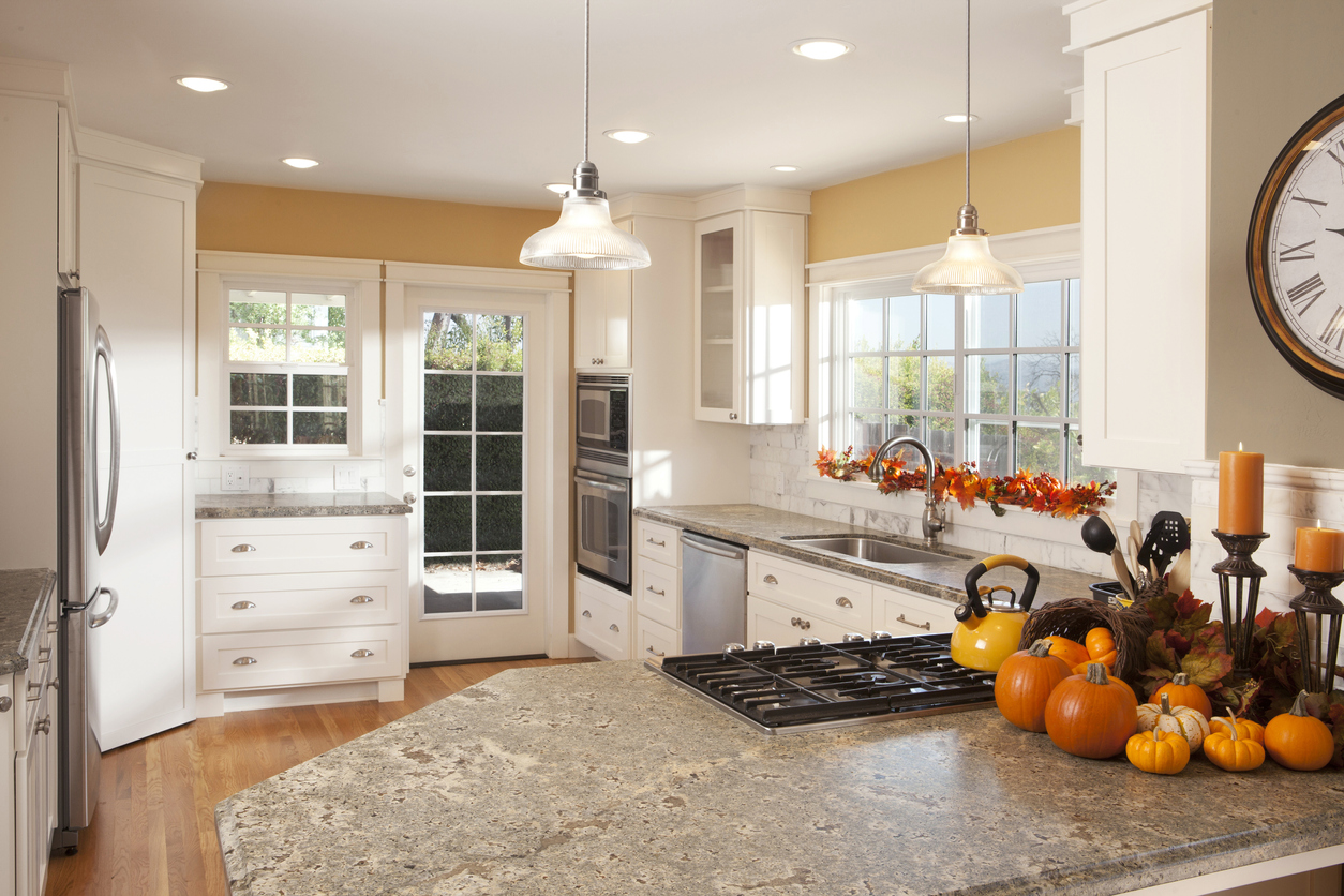 white kitchen decorated for fall