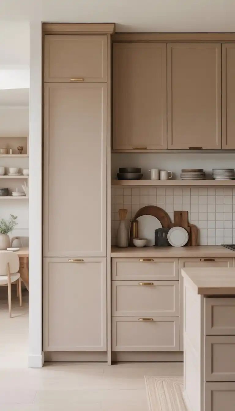 Slim shaker cabinet doors painted in Accessible Beige SW with brass hardware in a warm, modern kitchen design.