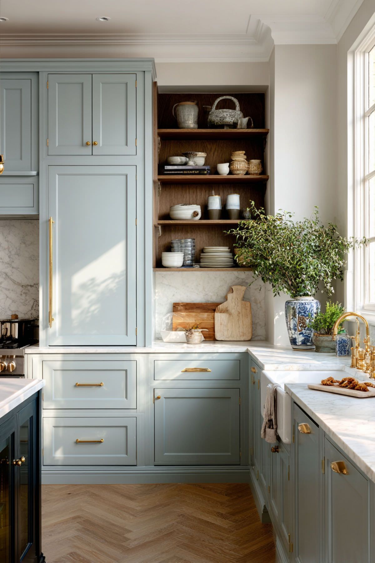 soft blue shaker kitchen cabinet ideas with open wood shelving and brass hardware