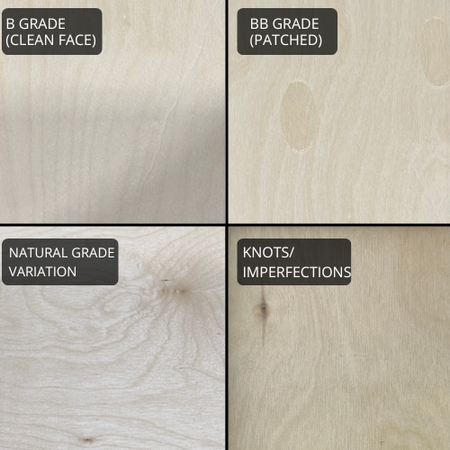 Visual comparison of Baltic birch plywood grades showing clean faces, patched areas, natural grain variation, and knots commonly found across different veneer qualities.