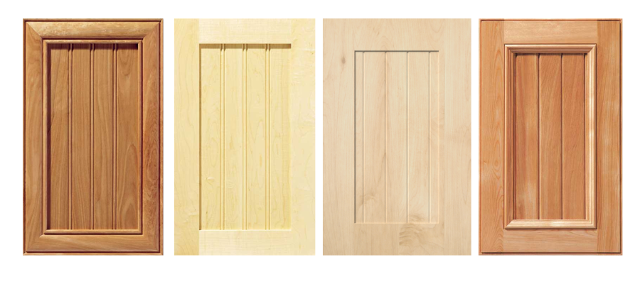Beaded cabinet door style featuring decorative vertical beadboard detailing. A popular cabinet door style for farmhouse, cottage, coastal, and traditional kitchen designs.