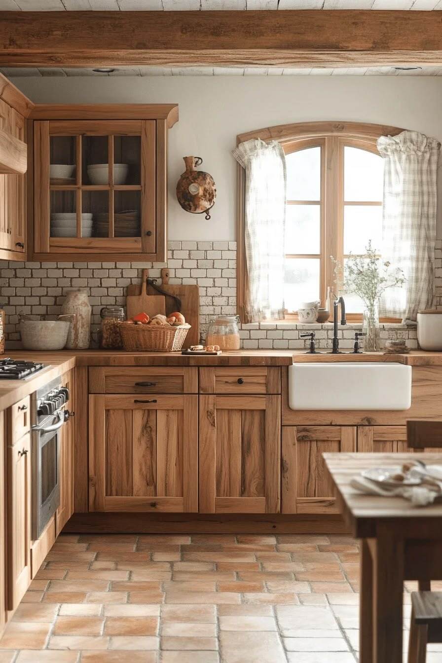 Rustic Hickory Kitchen Cabinets in a Cozy Farmhouse Kitchen Rustic hickory kitchen cabinets with a farmhouse sink, butcher block countertops, exposed wood beams, and terracotta tile flooring.