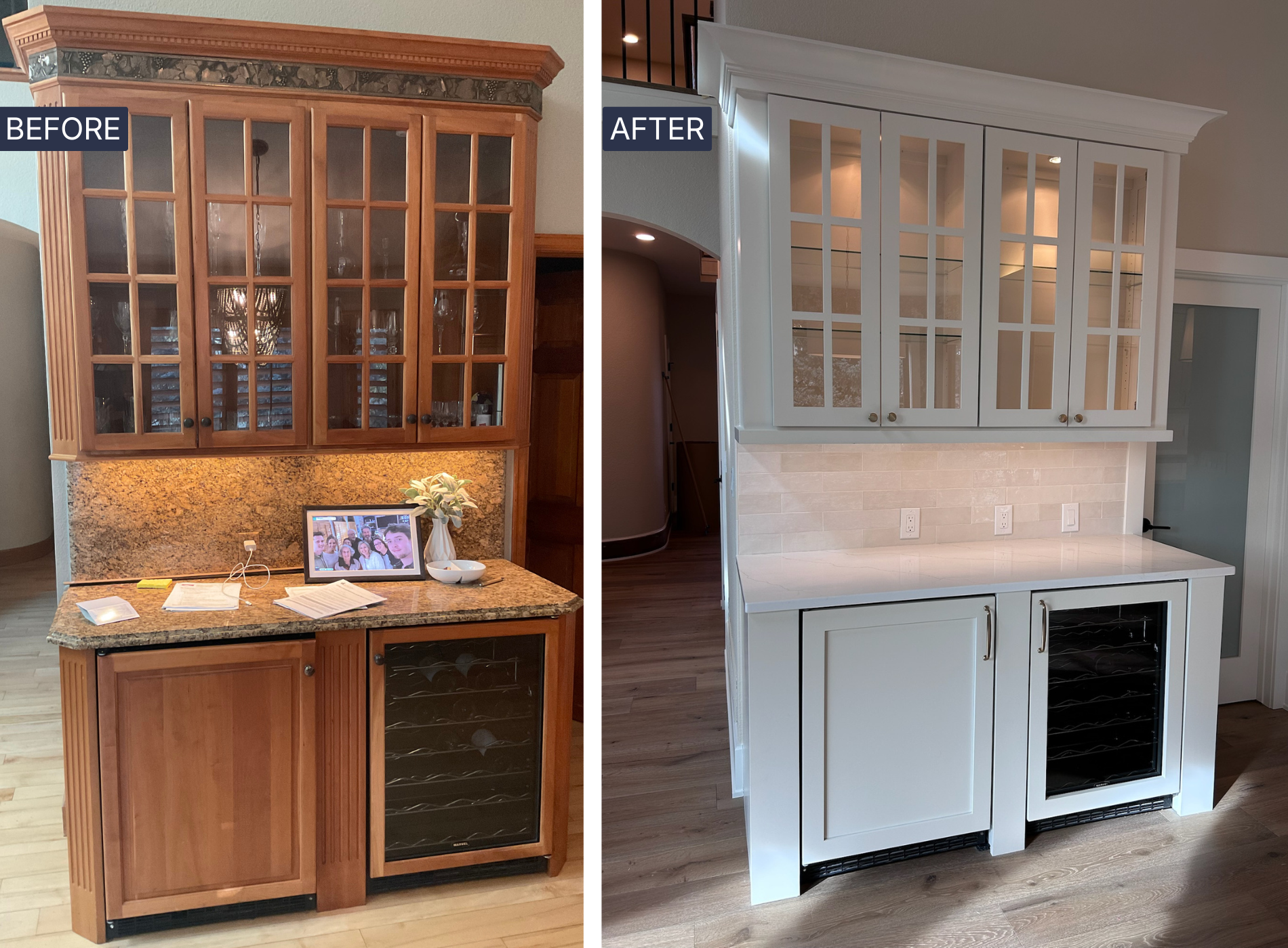 Before and after home wine bar remodel featuring oak cabinets updated with custom white Shaker cabinet doors and glass-front cabinetry.