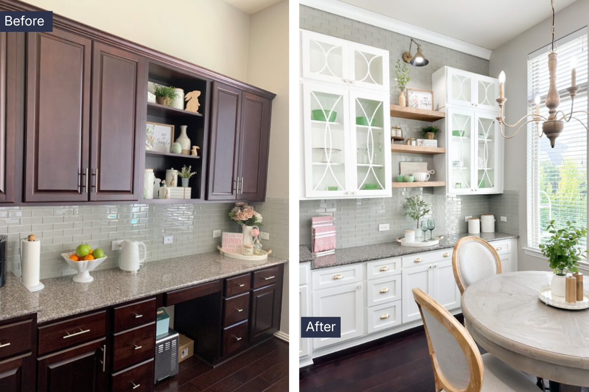 Before and After Mullion Shaker Cabinet Door Makeover Before and after DIY built-in makeover featuring white custom mullion shaker replacement cabinet doors, floating wood shelves, and glass-front cabinetry.
