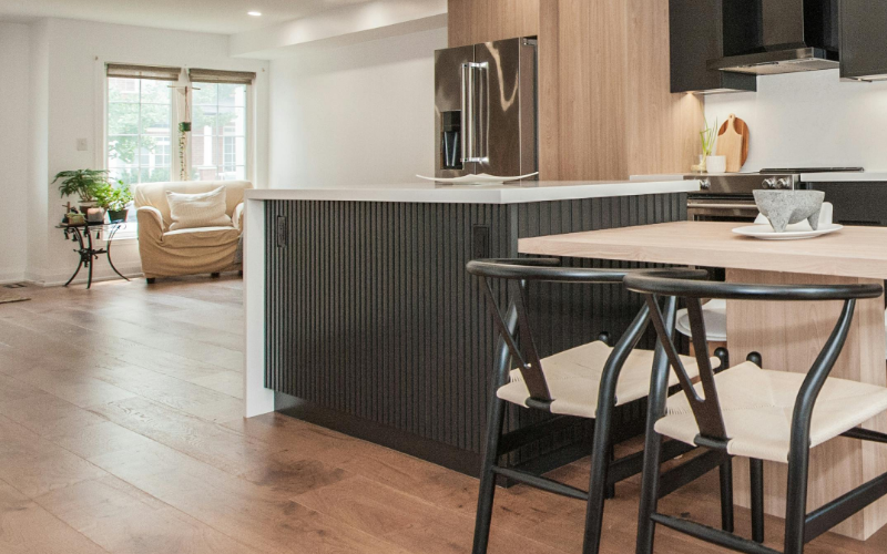 black fluted cabinet doors on kitchen island in modern kitchen design
