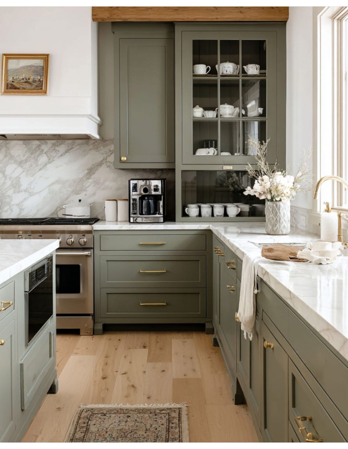 sage green shaker kitchen cabinet ideas with glass upper cabinets and brass hardware