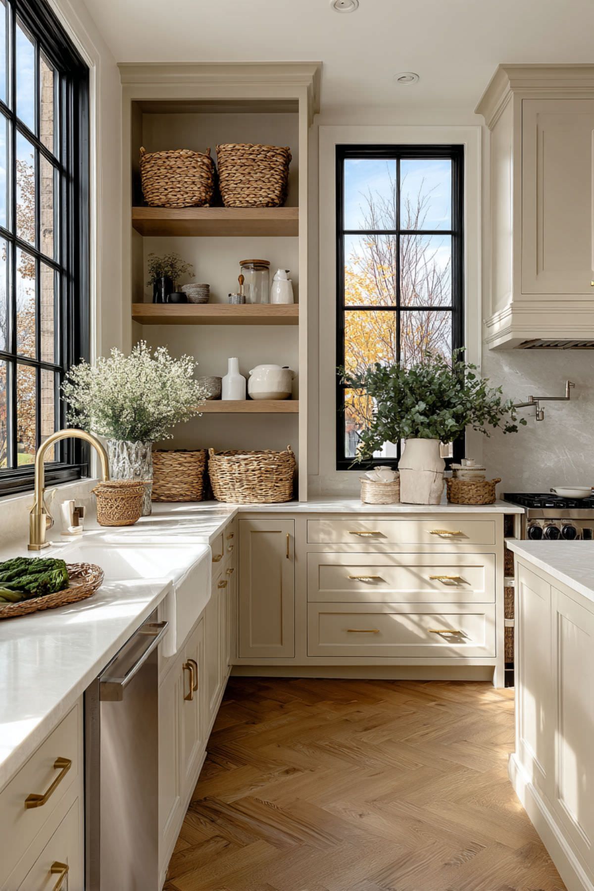 buttercream shaker cabinets with open shelving farmhouse sink and marble countertops in a cottage kitchen