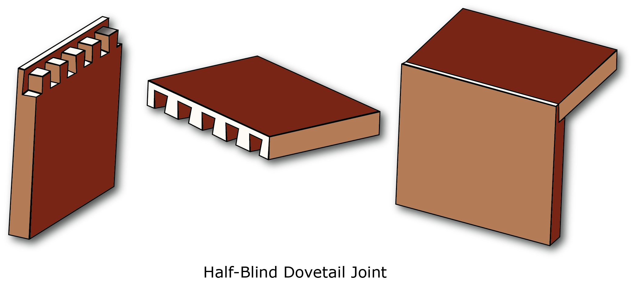 A diagram of a half blind dovetail joint. 