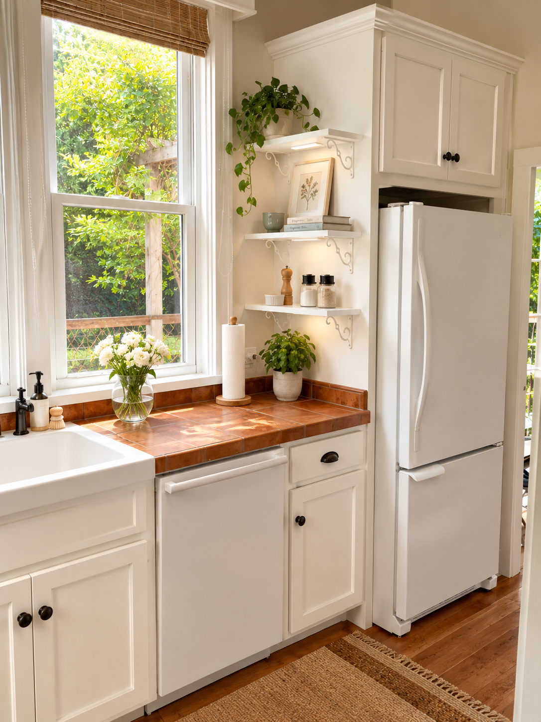 White Shaker Cabinet Doors in a Bright Cottage Kitchen White shaker cabinet doors in a sun-filled cottage kitchen featuring open shelving, a farmhouse sink, and warm wood floors.