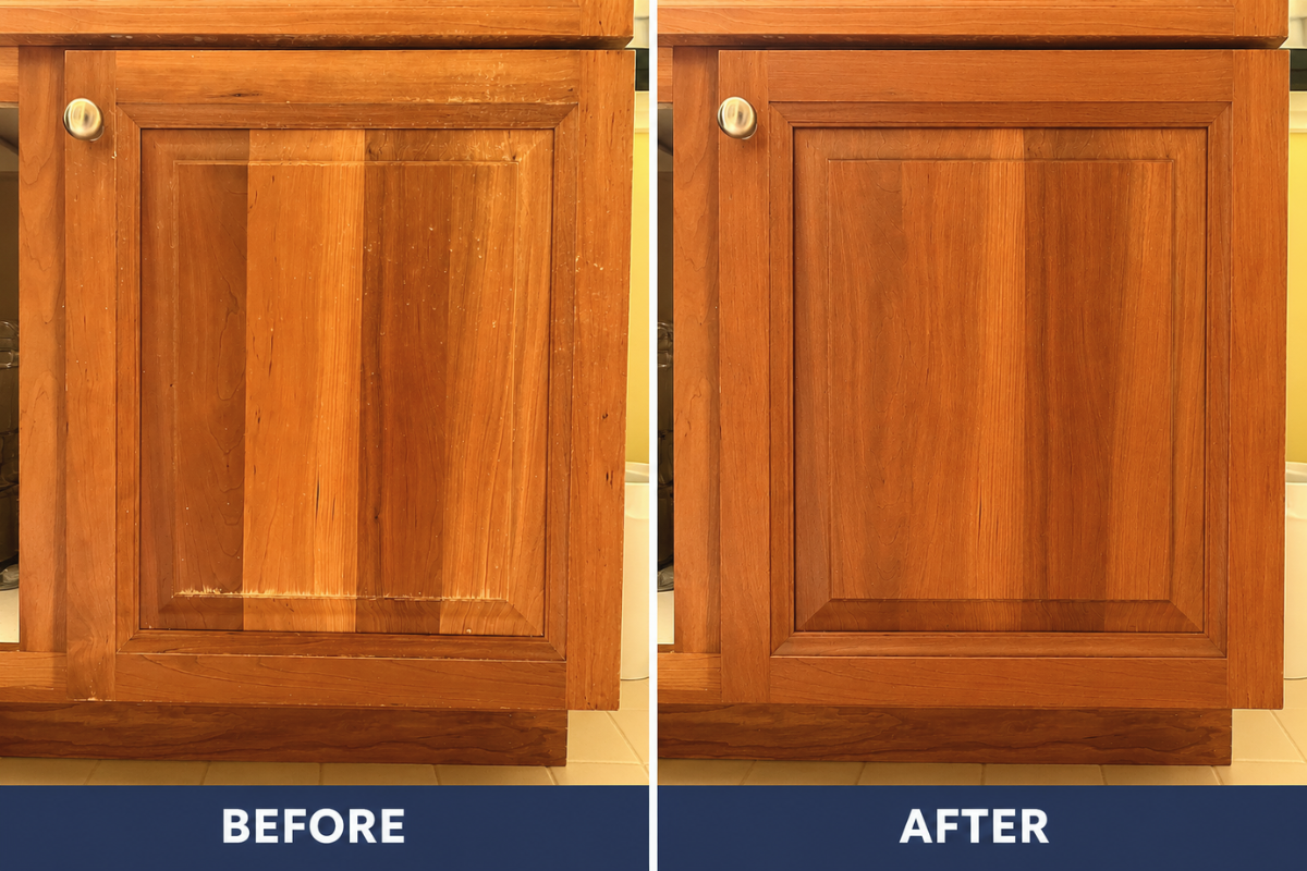 Before and after example of a damaged kitchen cabinet door replaced with a matching custom Heritage-style replacement cabinet door.