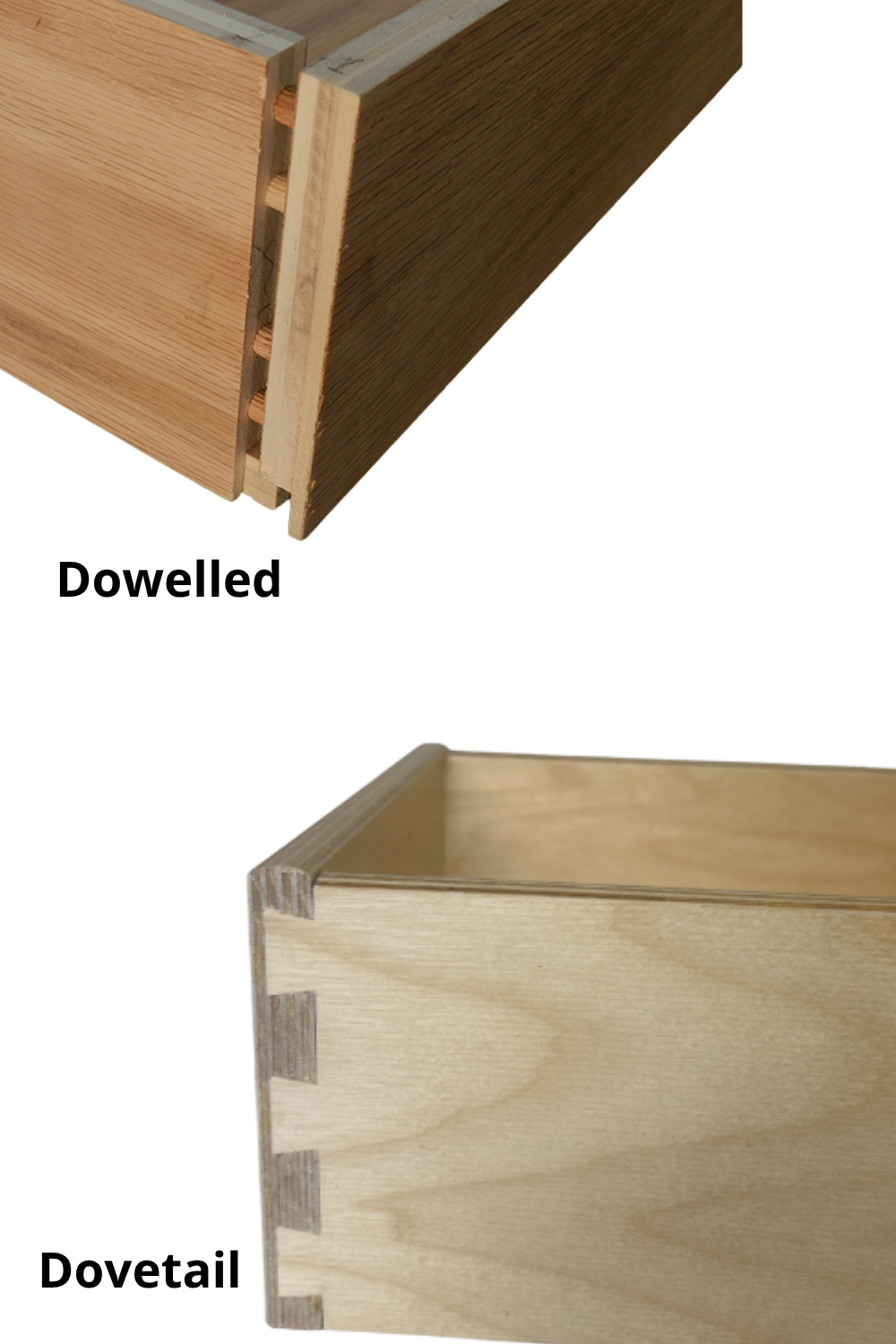 dovetail vs dowel drawer box joint comparison showing interlocking dovetail joints and dowelled construction