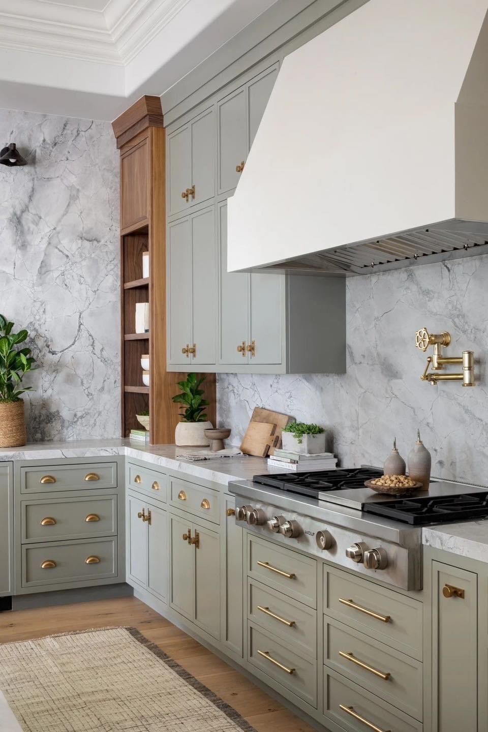 green shaker kitchen cabinet ideas with marble backsplash and brass hardware