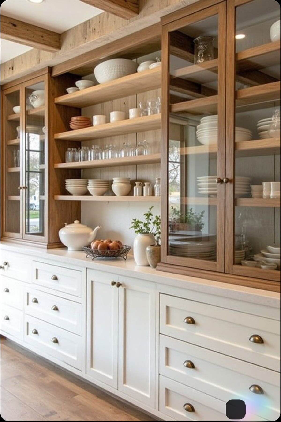 white shaker kitchen cabinet ideas with custom built in wood shelving and glass cabinet doors