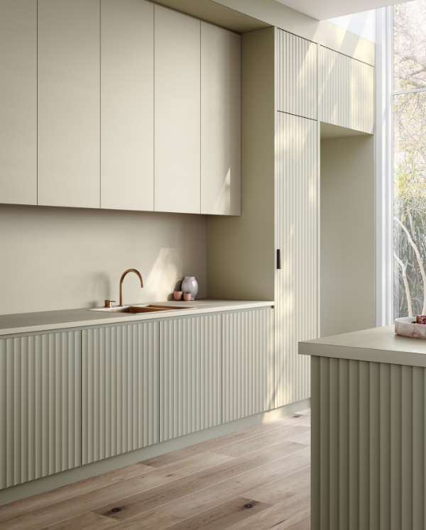 seafoam green fluted cabinet doors in modern kitchen