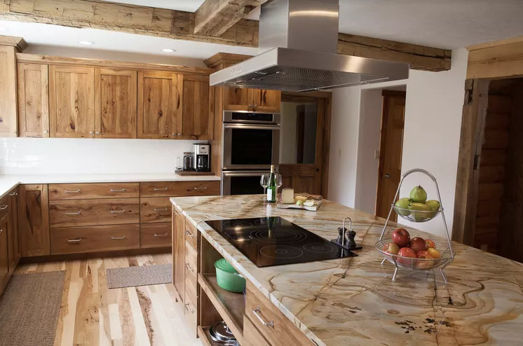 Rustic Hickory Unfinished Cabinet Doors in Custom Farmhouse Kitchen Custom kitchen featuring Hickory unfinished cabinet doors with natural grain variation, rustic wood character, and durable hardwood construction.