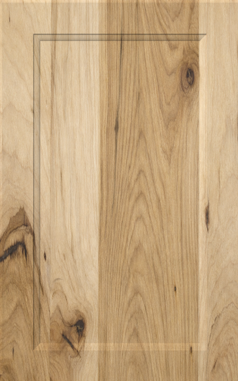 Hickory Unfinished Shaker Cabinet Door with Natural Character Marks Hickory unfinished Shaker cabinet door featuring natural color variation, knots, and distinctive grain patterns for rustic and farmhouse cabinetry.