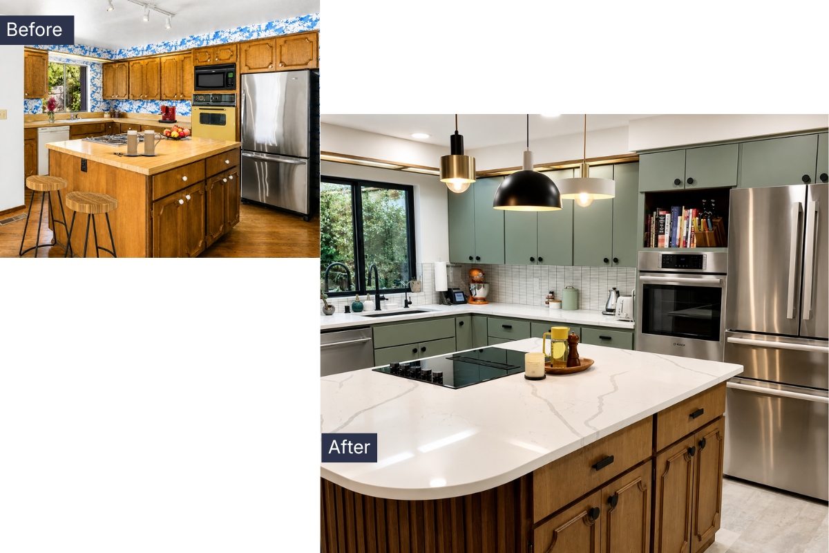 Sage Green Cabinet Door Replacement Before and After Kitchen Remodel Before and after kitchen with sage green replacement cabinet doors and modern remodel