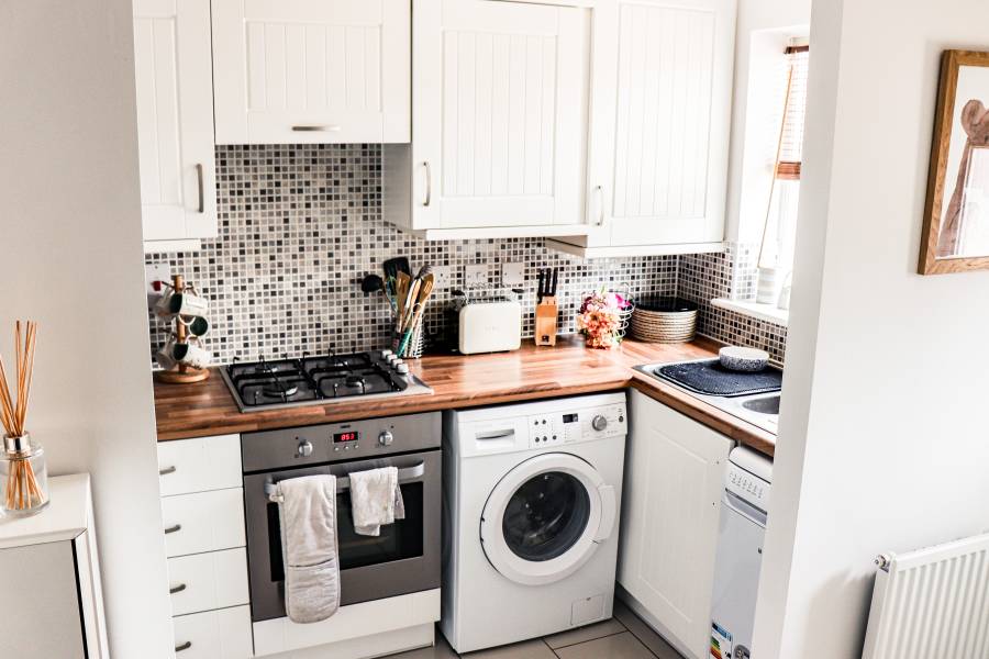 A kitchen with a washing machine. 