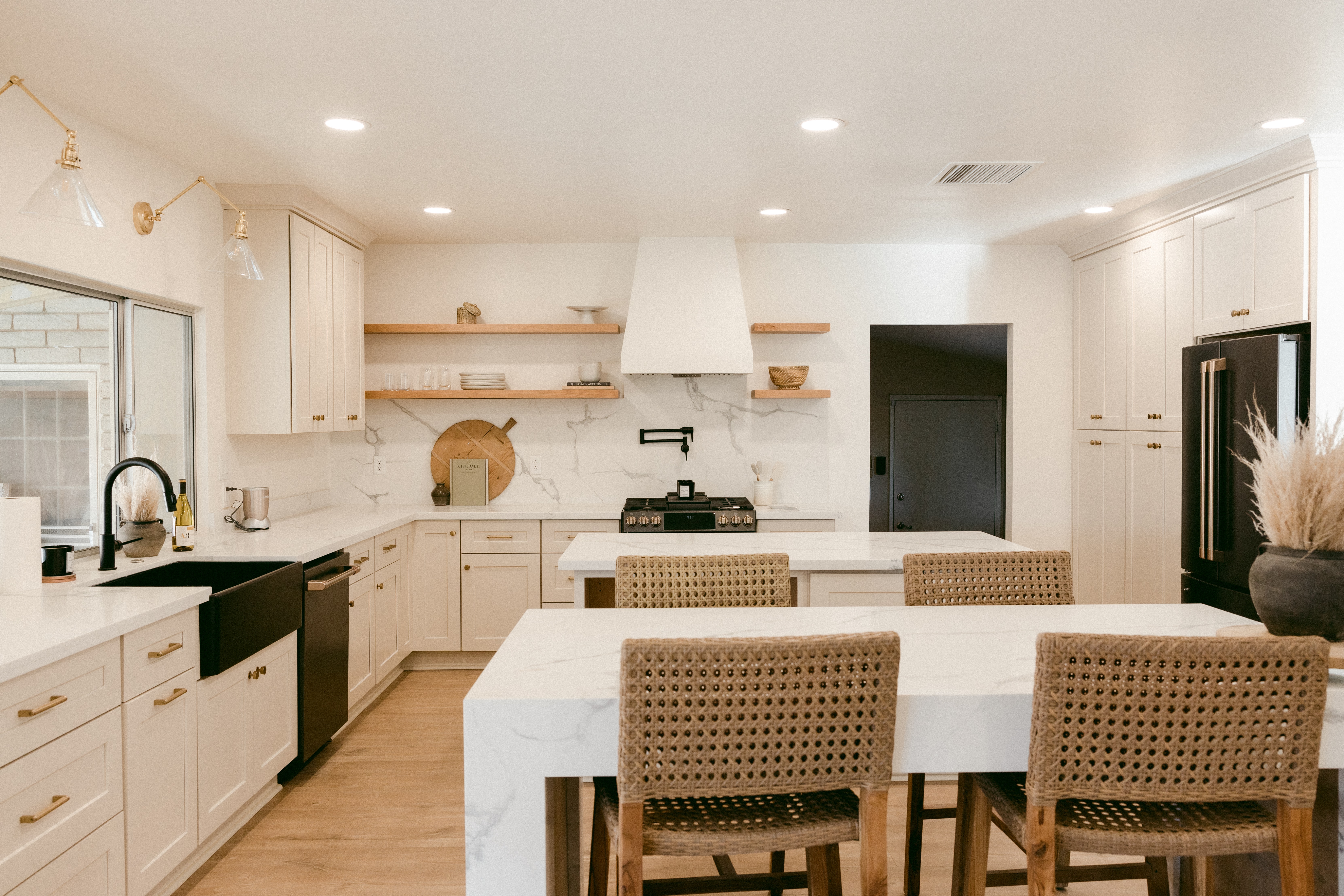 kitchen with woven barstools