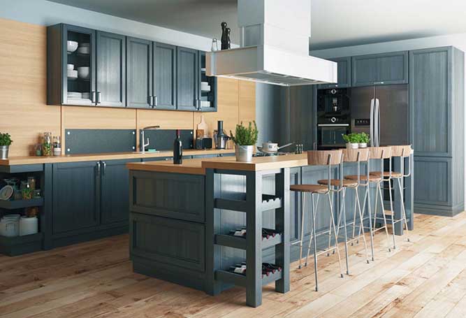 A large kitchen with Camden cabinet doors in a contemporary dark teal color.