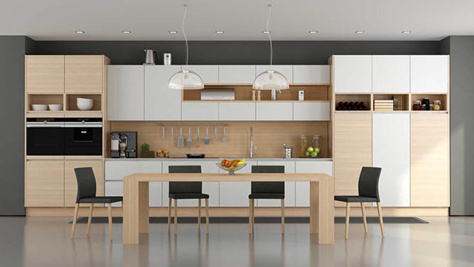 A large, open concept kitchen that utilizes storage on top of the cabinets.