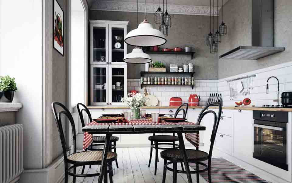 A bright kitchen with glass cabinet doors. 