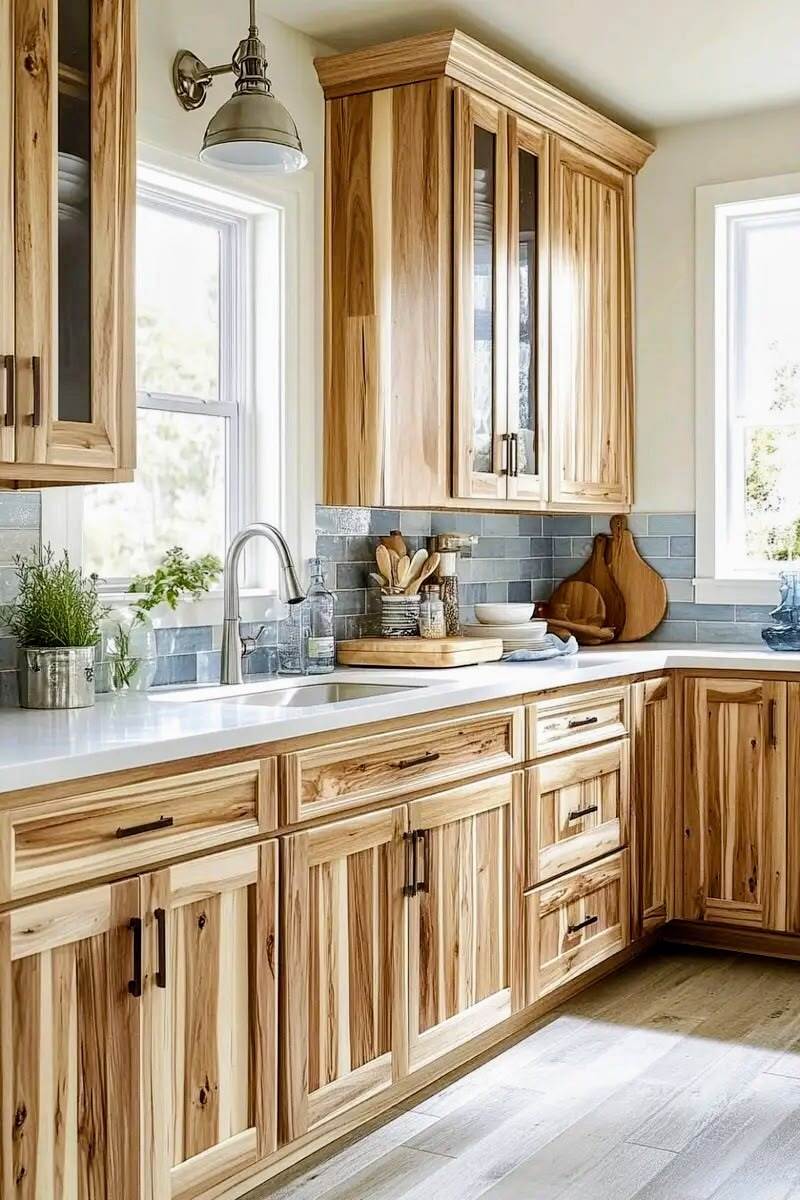 Light Rustic Hickory Kitchen Cabinets with Blue Tile Backsplash Rustic hickory kitchen cabinets with a blue-gray tile backsplash, white countertops, glass cabinet doors, and black hardware.