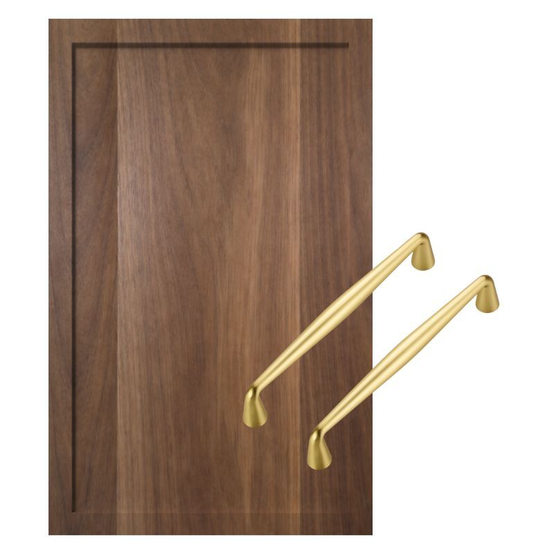 A Milan slim shaker cabinet door in a rich walnut finish paired with modern brass hardware, showcasing a sleek and contemporary kitchen design trend.