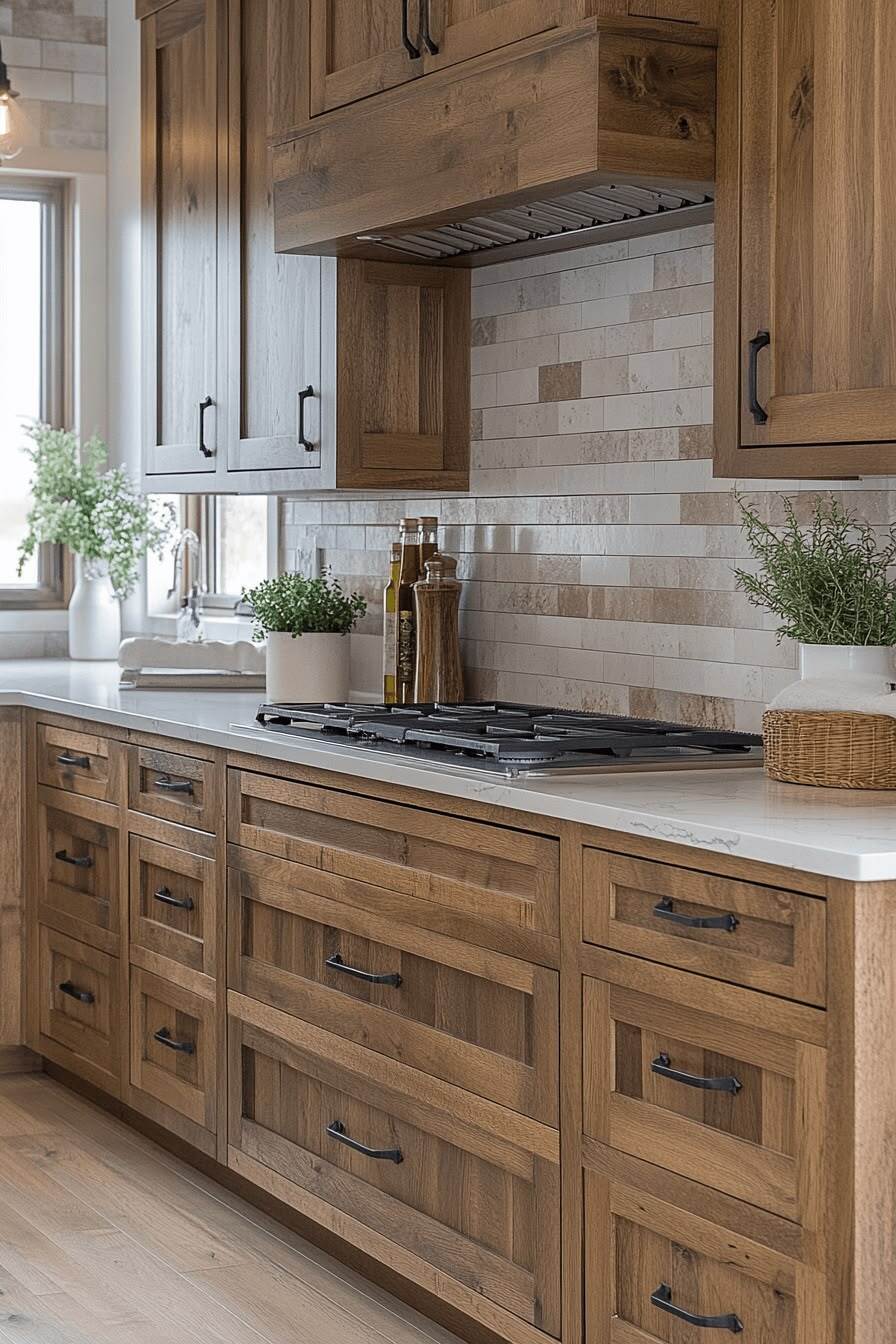 Modern Rustic Hickory Shaker Kitchen Cabinets Rustic hickory shaker kitchen cabinets with black hardware, white quartz countertops, a custom wood range hood, and a neutral tile backsplash.