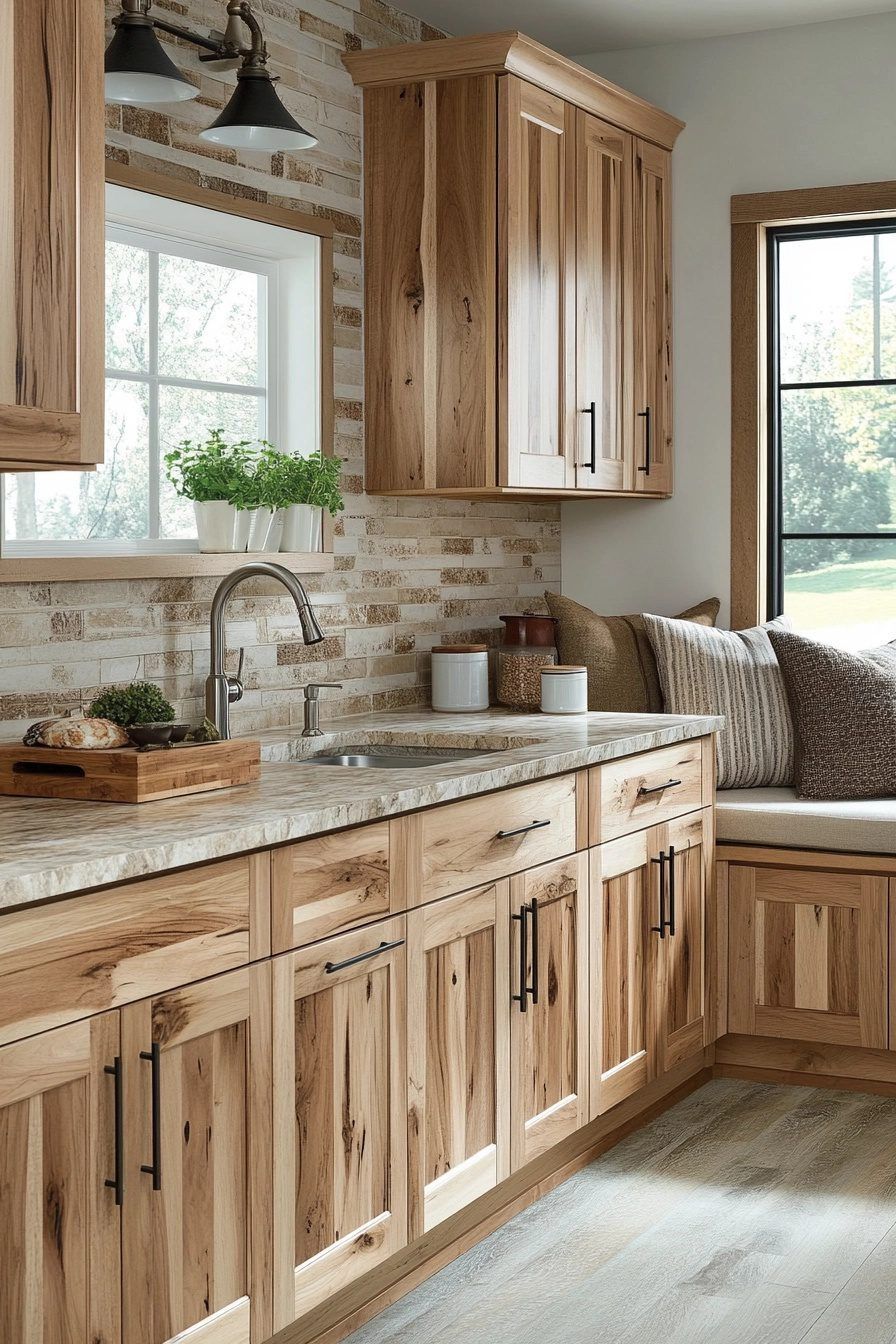Modern Rustic Hickory Kitchen Cabinets with Black Hardware Rustic hickory kitchen cabinets with black hardware, a stone tile backsplash, and light countertops in a bright kitchen.