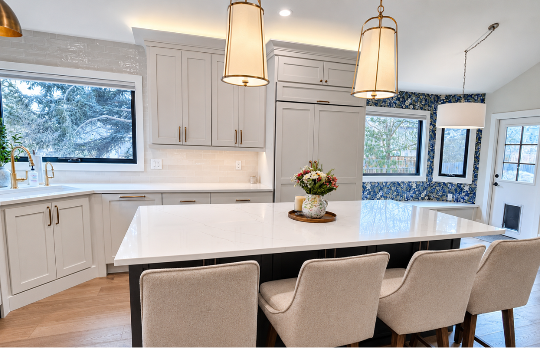 Bright modern Shaker kitchen after DIY cabinet door replacement featuring painted cabinet doors, large waterfall island, warm wood flooring, and custom kitchen lighting.