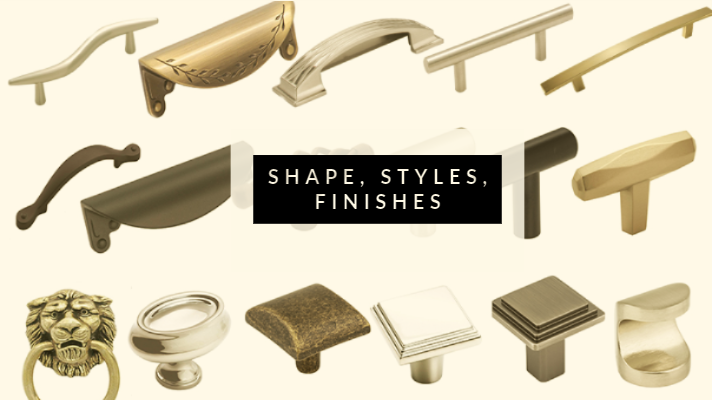 Text reading Shapes, Styles Finishes above a selection of door hardware.
