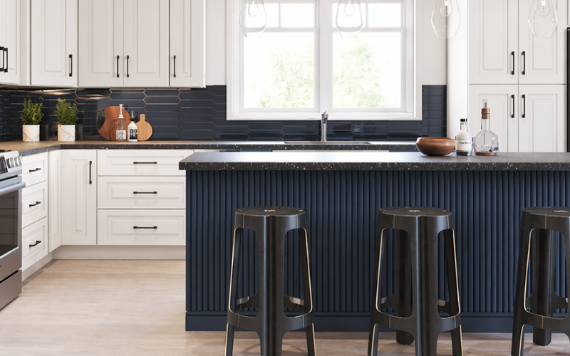 navy blue fluted cabinet doors on modern kitchen island