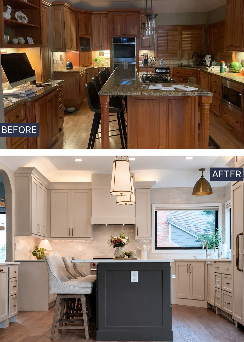 Before and after kitchen remodel featuring oak cabinets transformed with soft greige Shaker replacement cabinet doors and a modern kitchen island