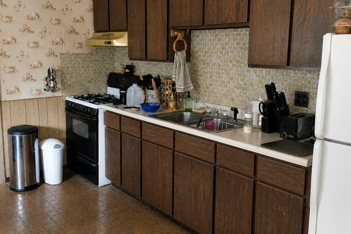 Outdated 80s wood veneer kitchen cabinets before replacing cabinet doors