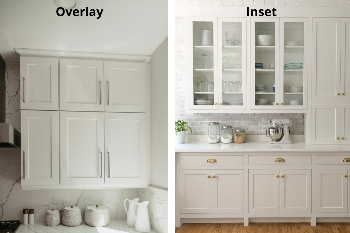 Overlay vs inset shaker cabinet door styles shown side by side in a white kitchen