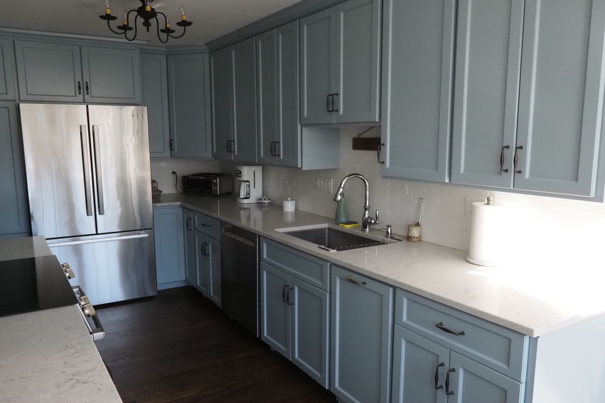 The kitchen with new, split cabinet doors