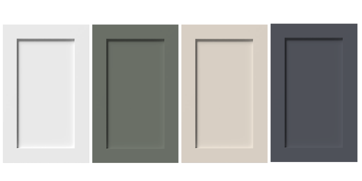 Painted shaker cabinet doors in white, green, beige, and dark gray finishes